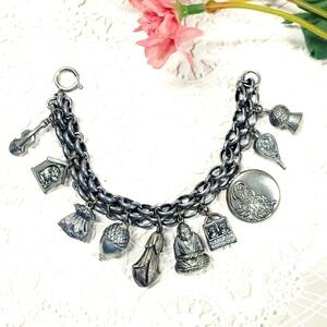 Vintage 1950s Charm Bracelet Double Link Figural Charms Silver Storytelling